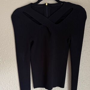 MICHAEL Michael Kors Black Ribbed Cross-Neck Long Sleeve Top